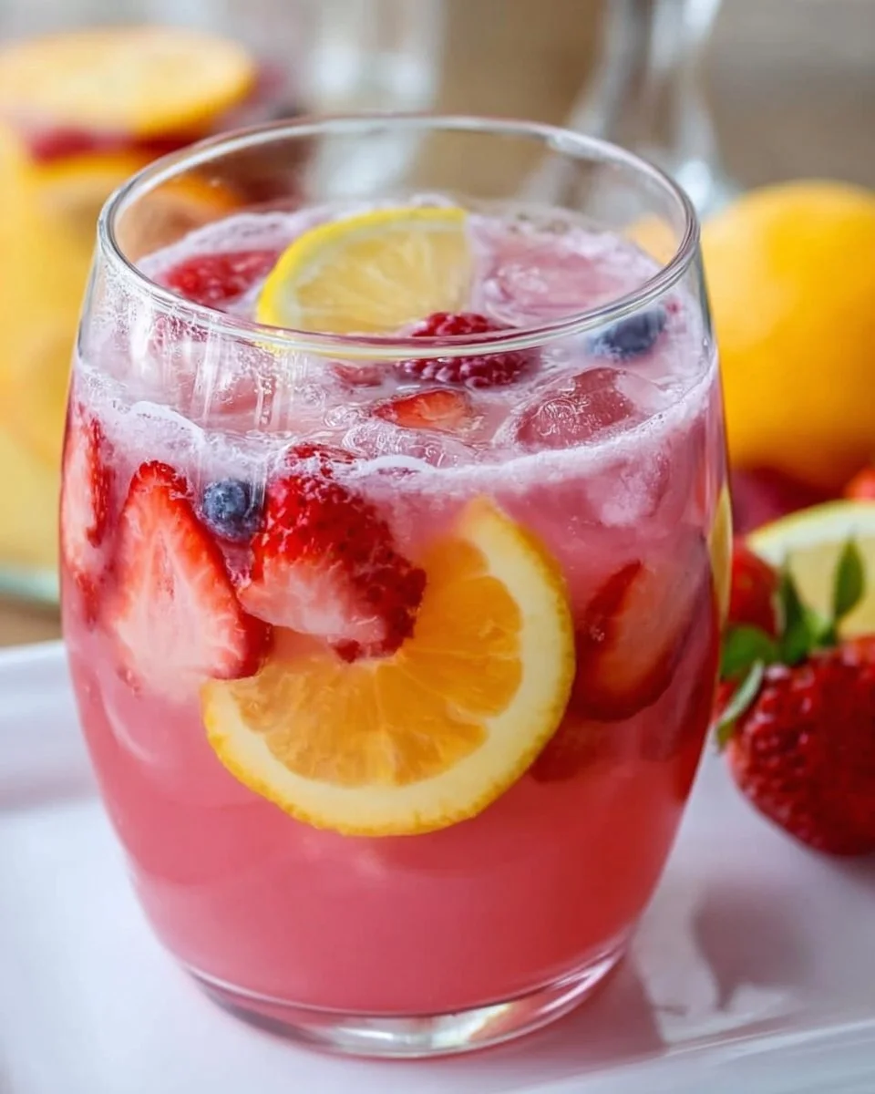 Glass of refreshing pink lemonade punch garnished with lemon slices and mint