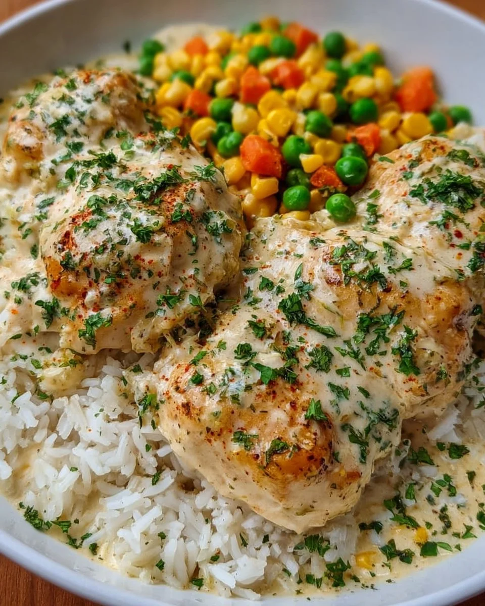 Delicious slow cooker creamy chicken and rice served in a bowl.