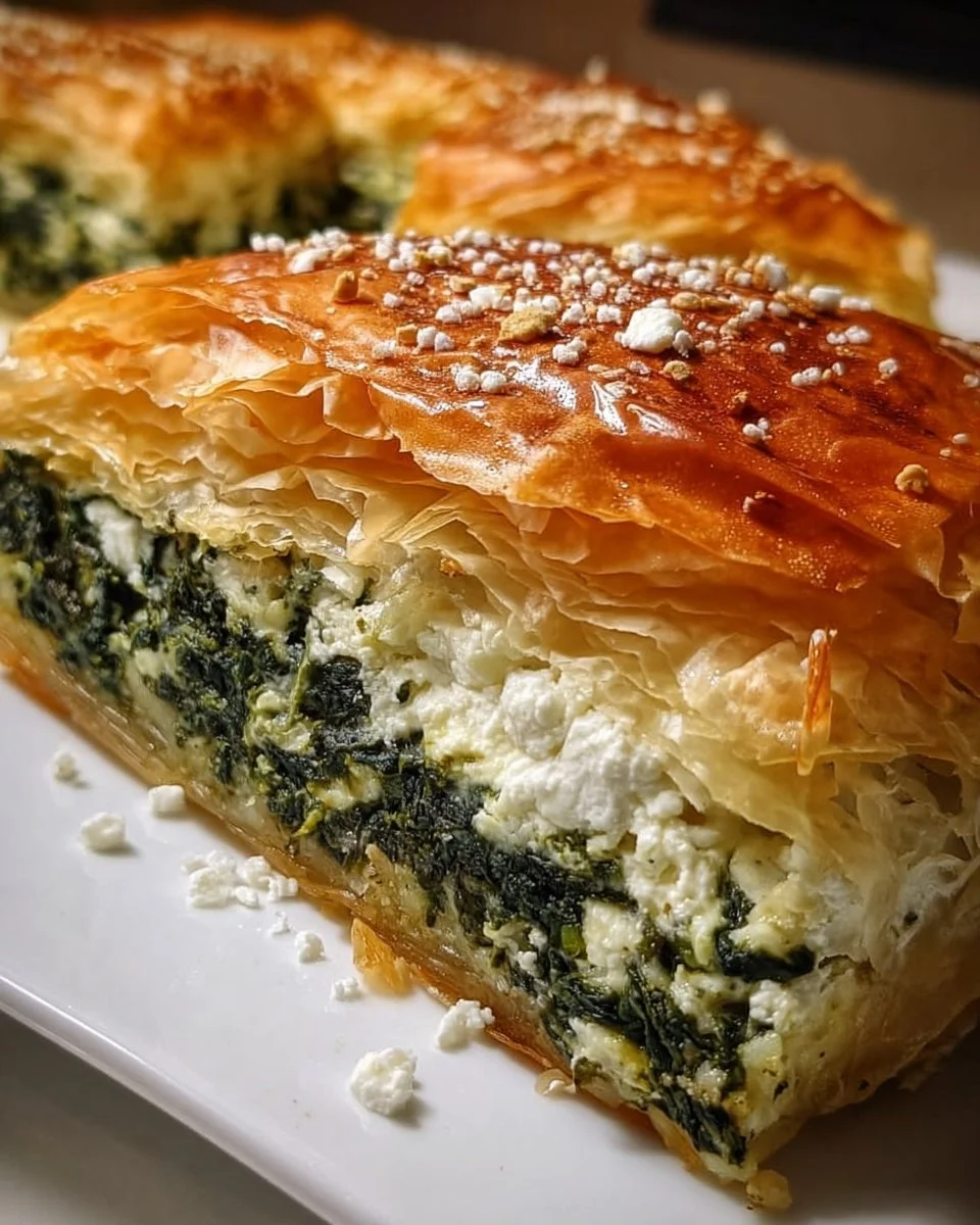 Delicious homemade Spinach and Feta Pie served on a wooden table.