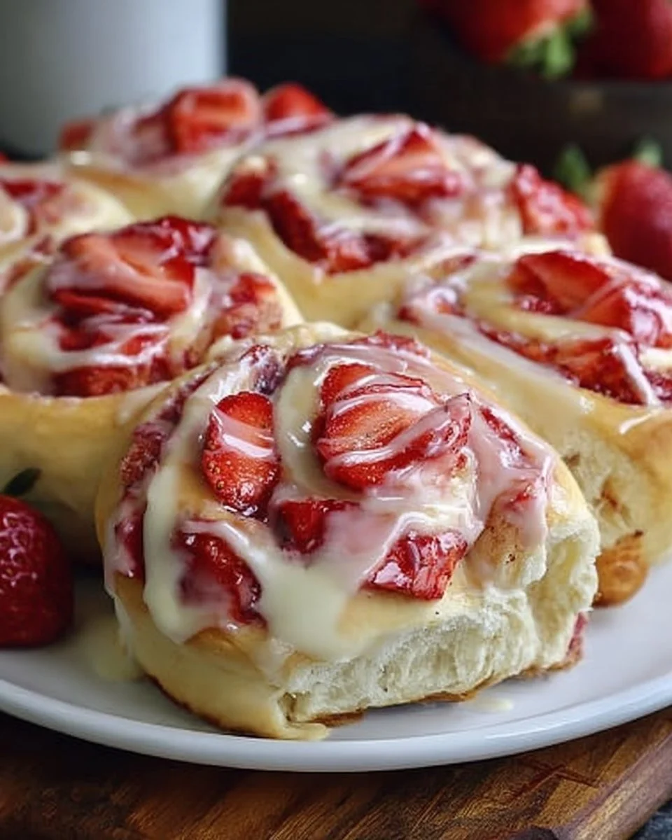 Delicious Strawberry Cheesecake Sweet Rolls with a creamy filling and fresh strawberries