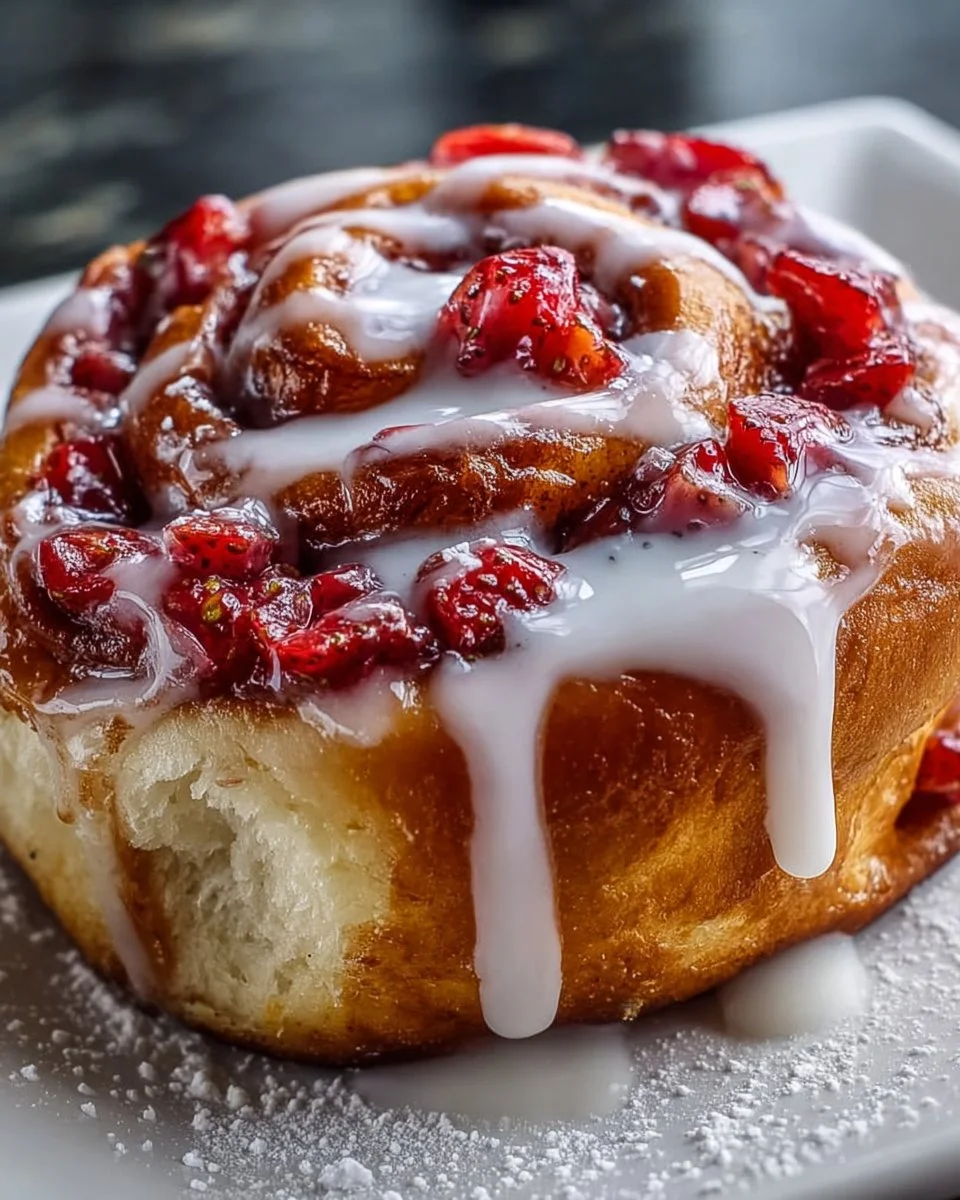 Freshly baked strawberry cinnamon rolls with brioche, topped with icing.