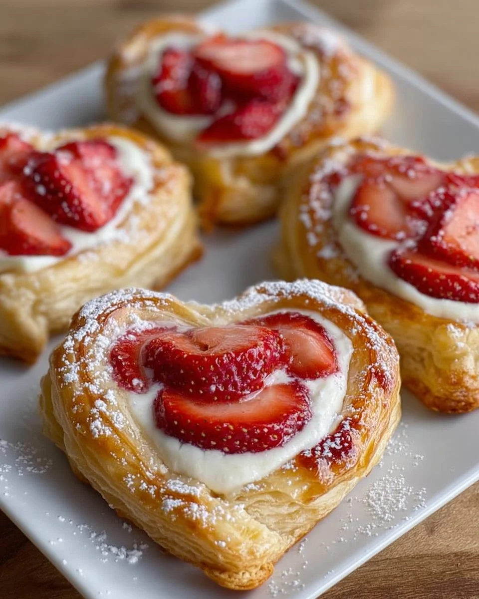 Heart-shaped Strawberry Cream Cheese Danishes on a plate
