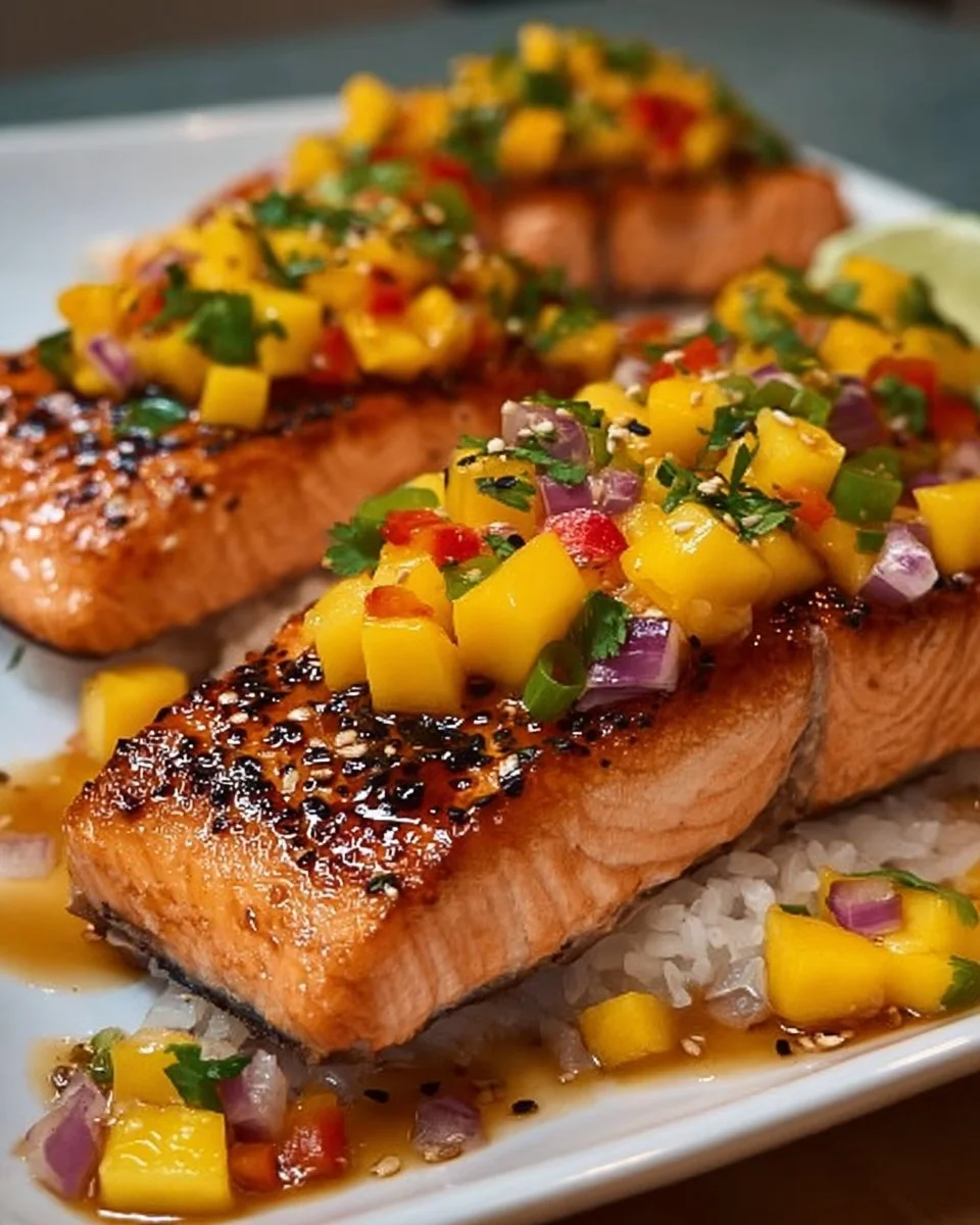 Sweet and savory salmon fillet topped with fresh mango salsa on a plate