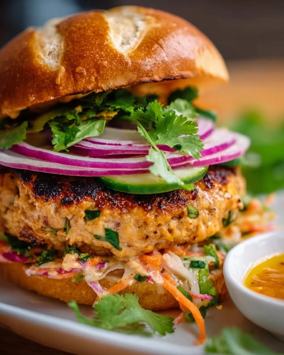 Thai peanut turkey burgers topped with fresh herbs and served on a plate