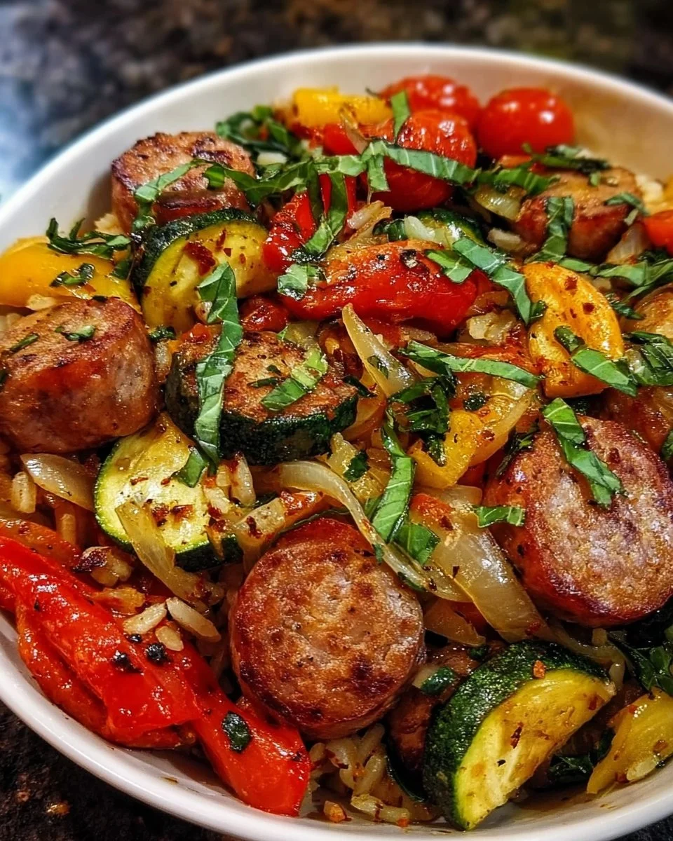 Colorful veggie skillet bowl with fresh vegetables and herbs