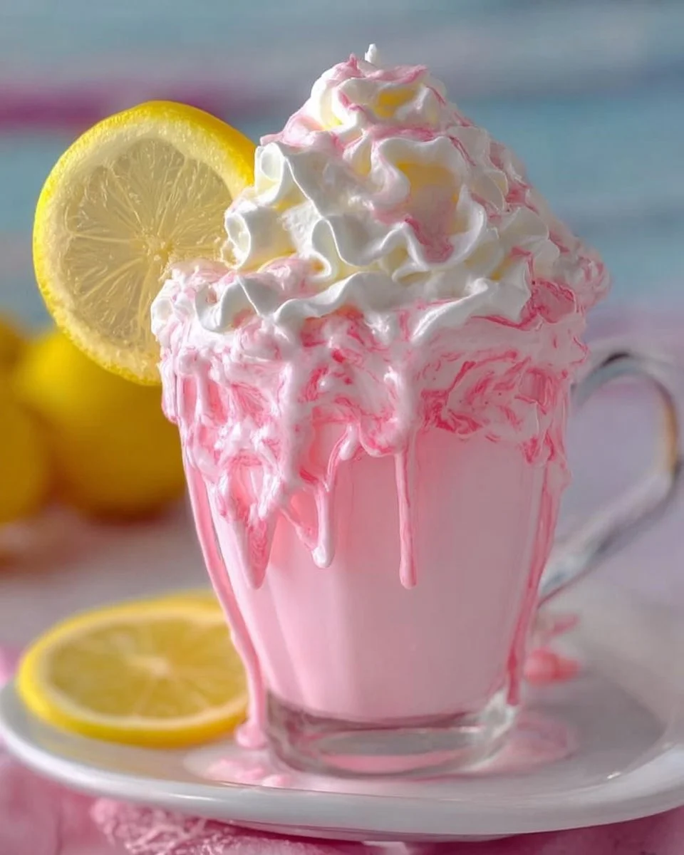 Delicious whipped pink lemonade served in a glass with a lemon slice