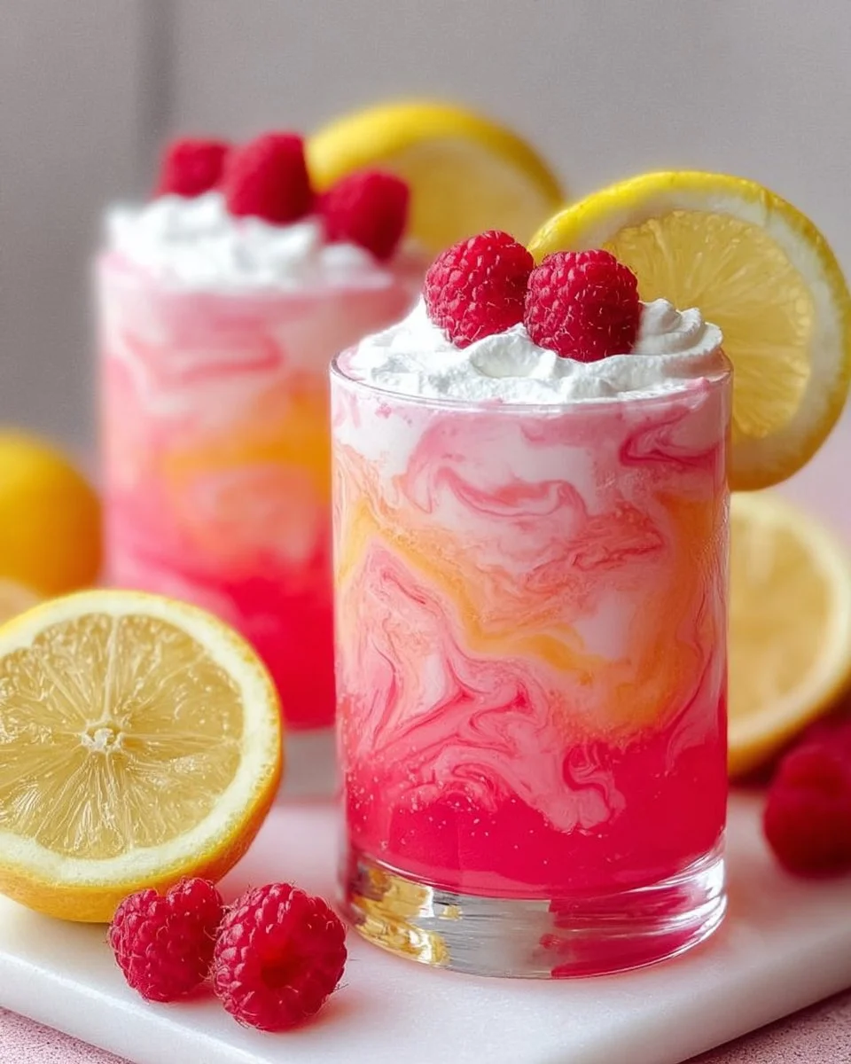 A refreshing glass of whipped pink lemonade topped with whipped cream and lemon slices.
