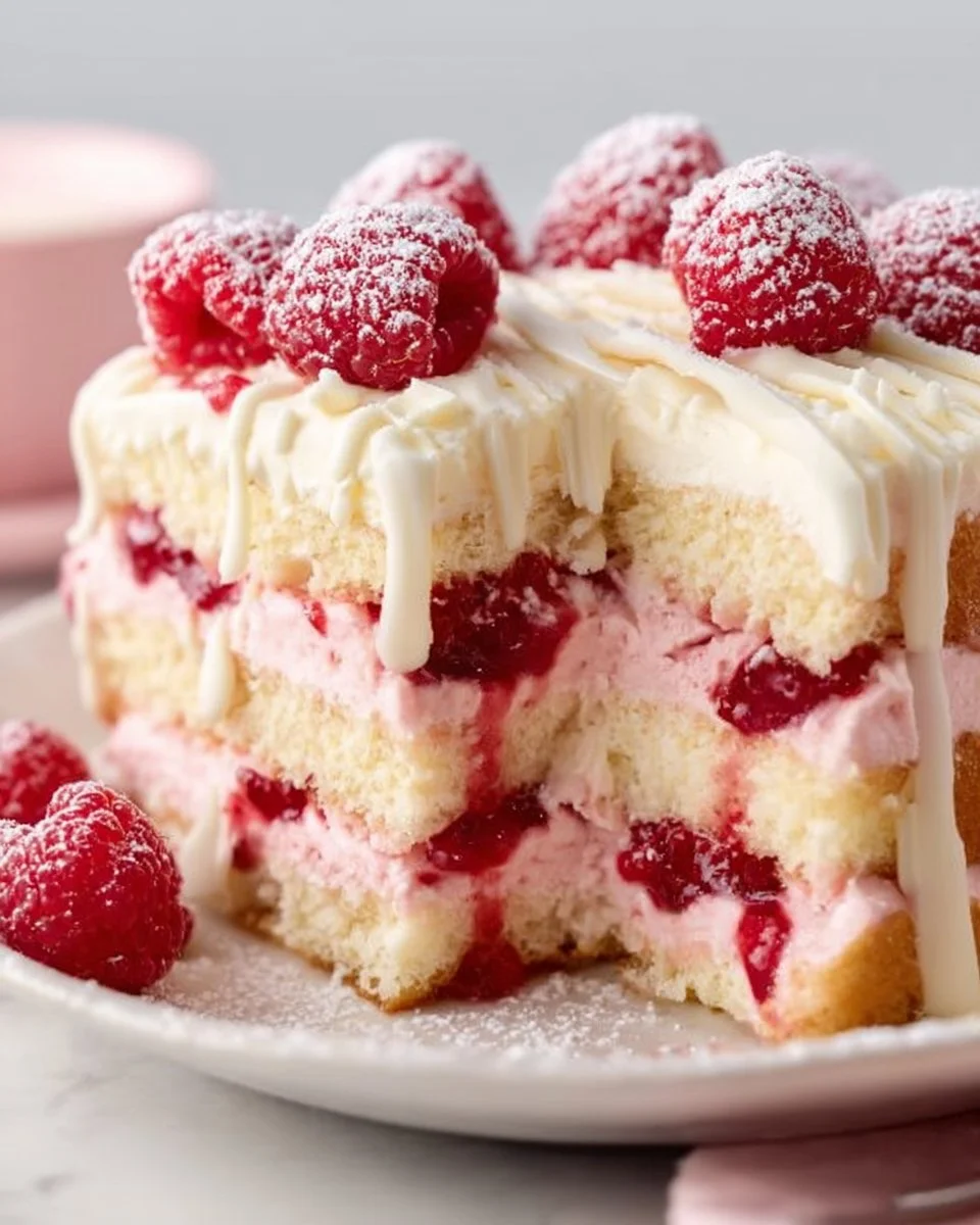 Delicious White Chocolate Raspberry Tiramisu with layers of creamy chocolate and raspberries