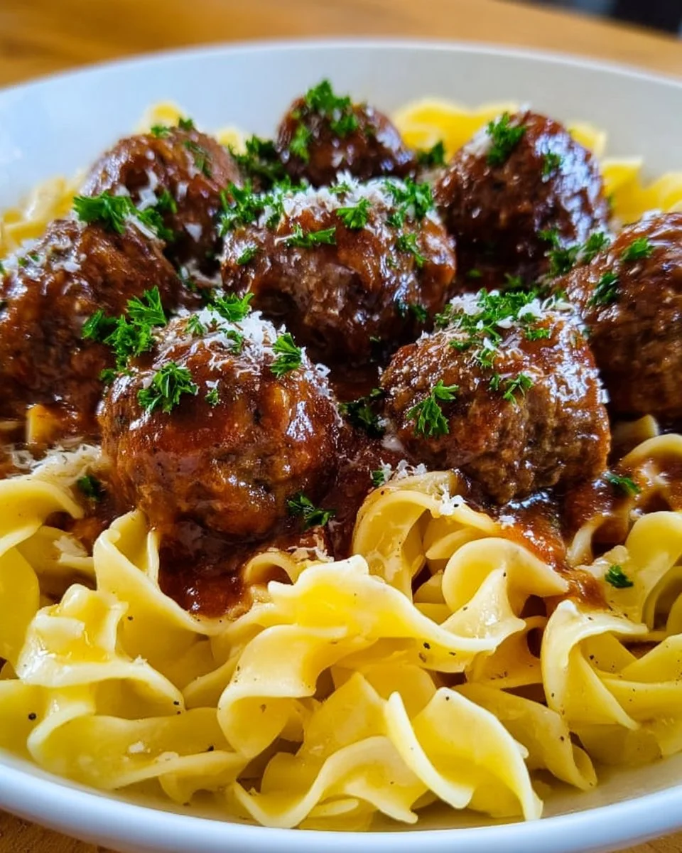 Delicious Amish meatball noodles served in a bowl with herbs and spices.