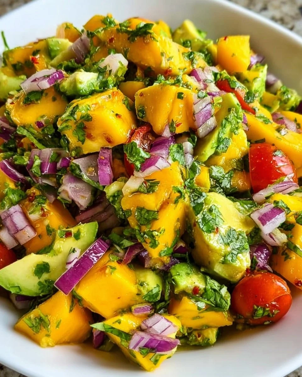 Fresh Avocado and Mango Salad garnished with greens and lime dressing