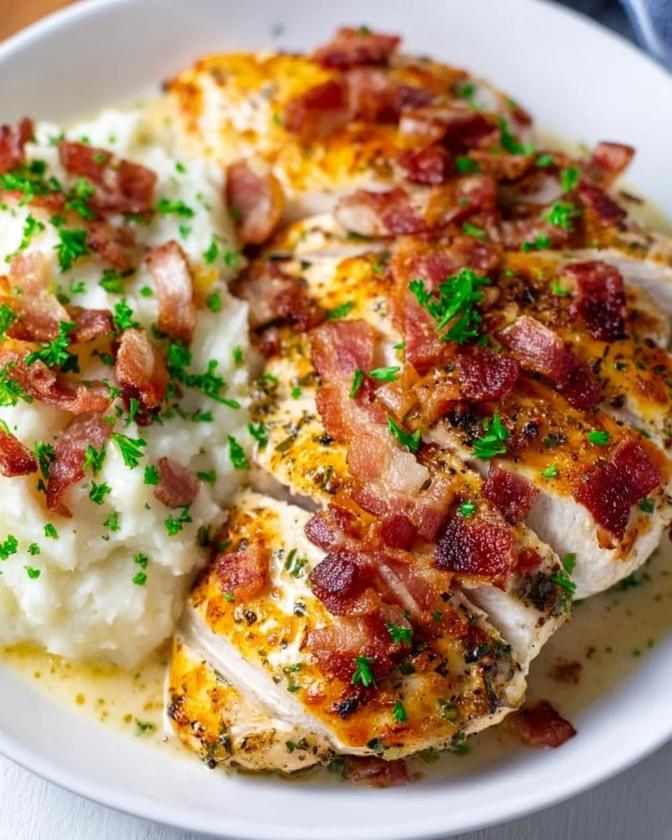 Deliciously prepared Bacon Ranch Chicken garnished with fresh herbs