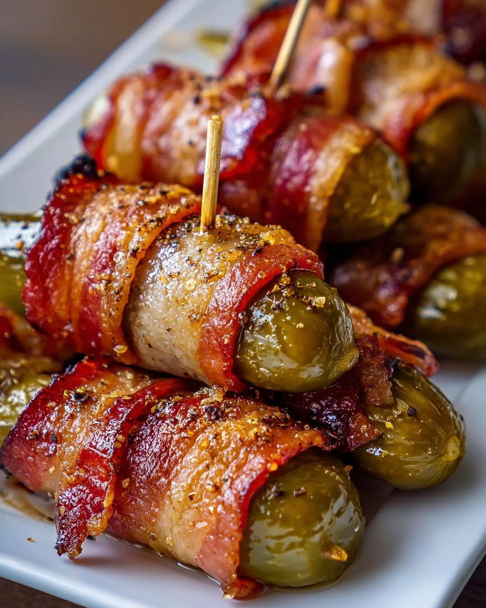 Bacon-wrapped pickles served on a plate as a delicious appetizer.