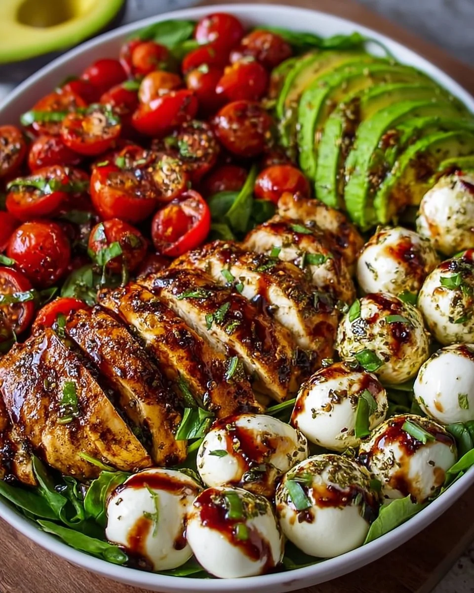 Baked Marinated Chicken Salad topped with Mozzarella and Balsamic Vinaigrette