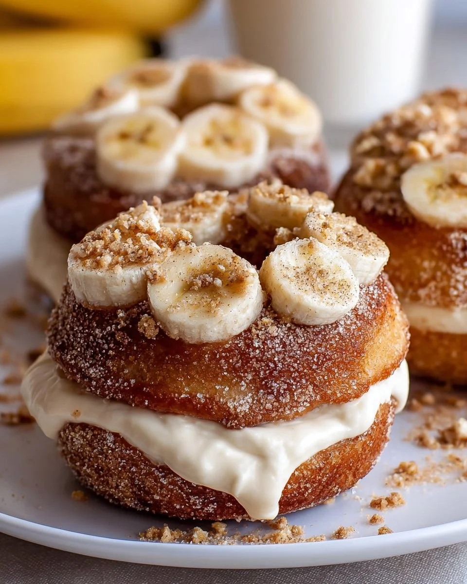 Banana donuts topped with cinnamon cream cheese frosting on a plate.