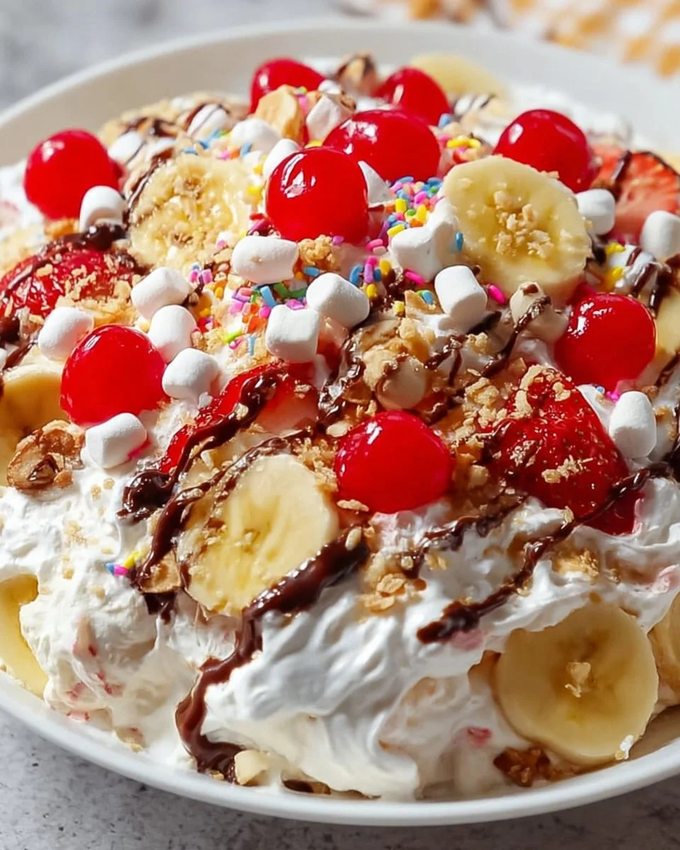 Banana Split Fluff Salad with bananas, whipped cream, and colorful toppings