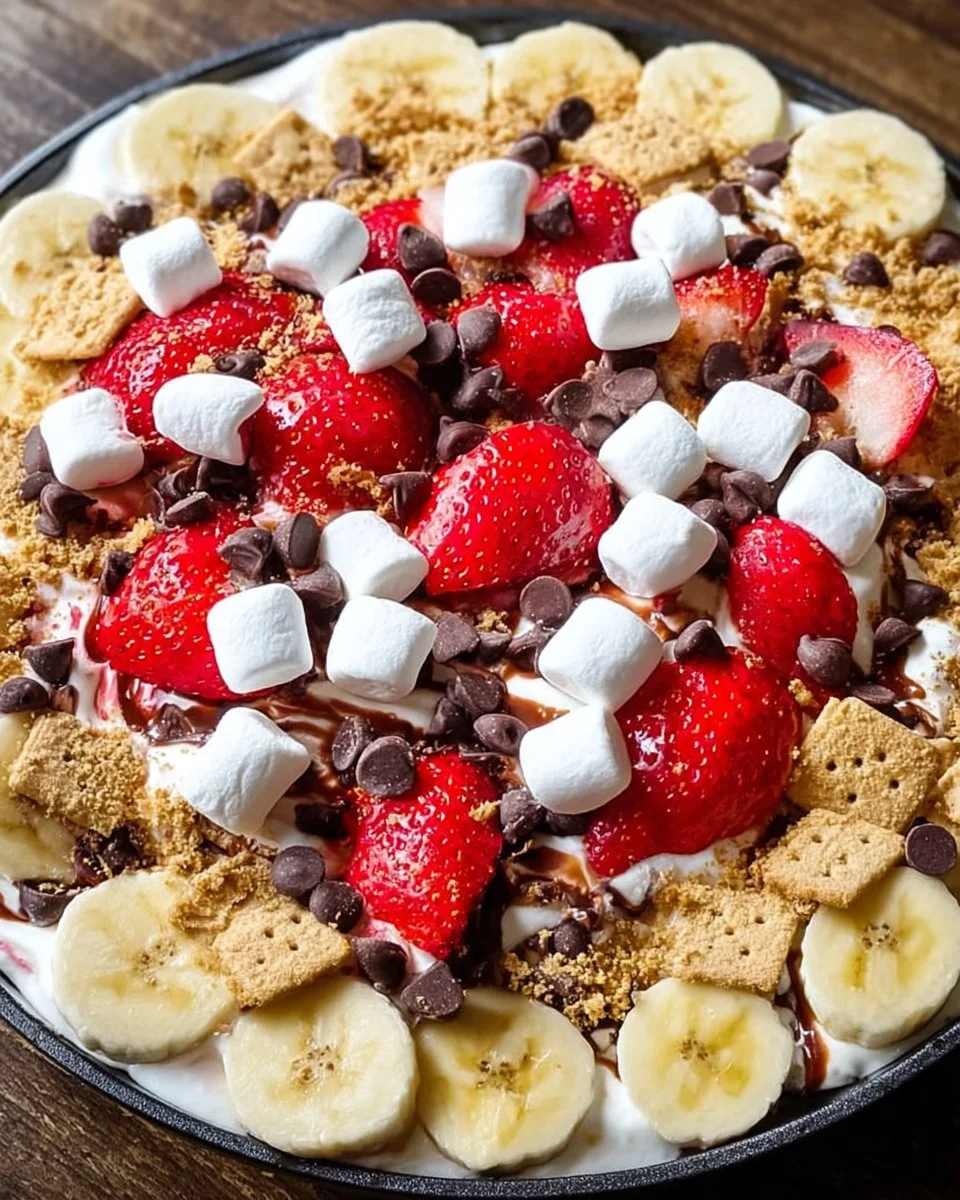 Delicious Banana Split S’mores Dip served with graham crackers and fruit.