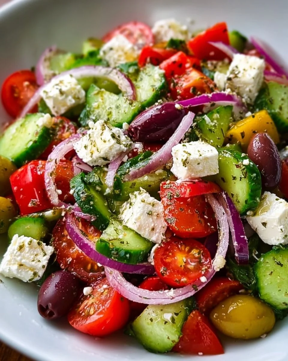 A vibrant Greek salad with tomatoes, cucumbers, olives, and feta cheese