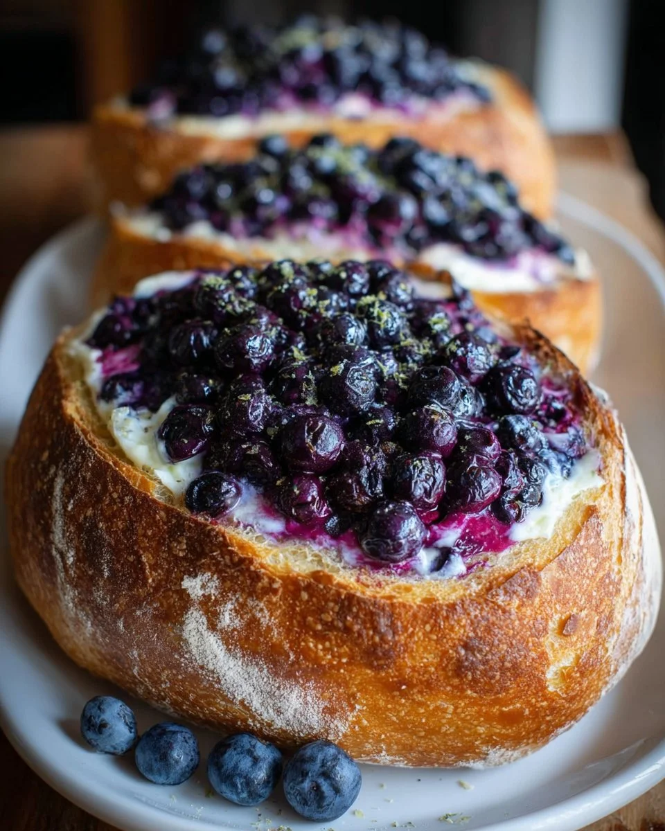 Blueberry Lemon Cream Cheese Sourdough Bread fresh from the oven, sliced and served.