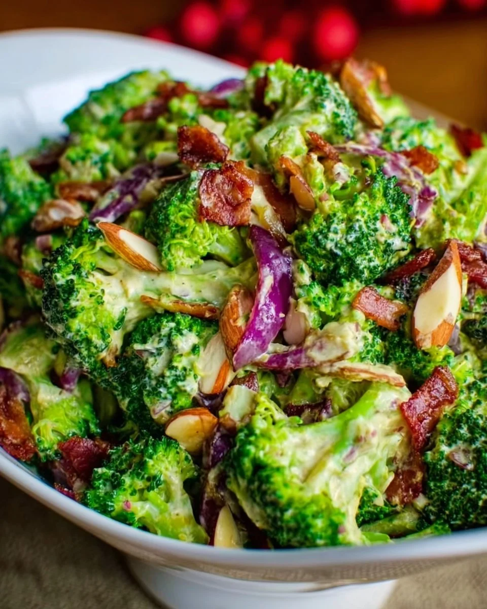 Fresh broccoli salad with colorful vegetables and dressing