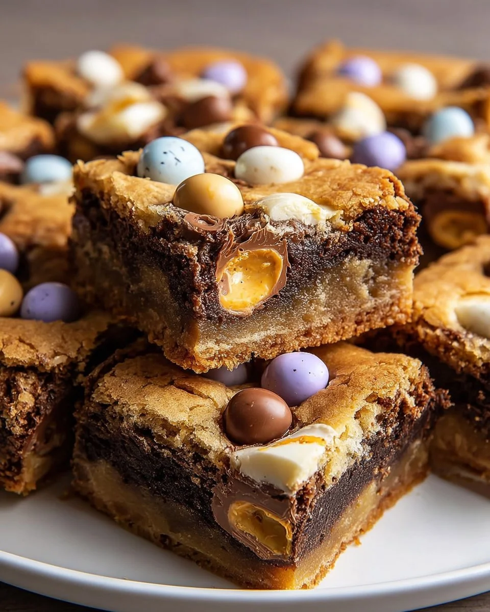 Decadent Cadbury Egg Cookie Bars with chocolate and cookie layers