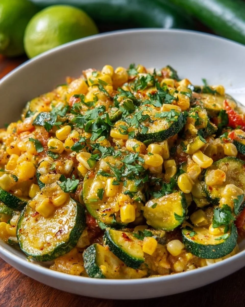 Delicious Calabacitas dish featuring zucchini and corn, a Mexican favorite.