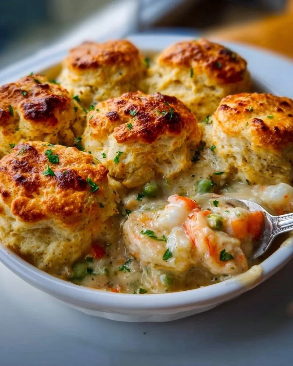 Cheddar Bay Biscuit Seafood Pot Pie served in a bowl with a golden crust.