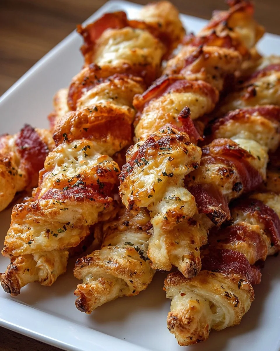 Plate of cheesy bacon twists, golden and crispy, ready to enjoy as a snack.
