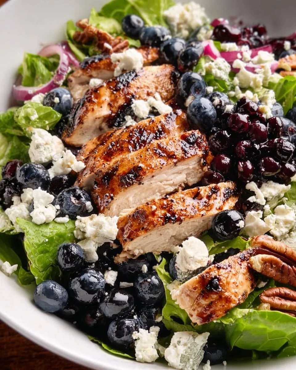 A vibrant Chicken Blueberry Feta Salad with grilled chicken, blueberries, and feta cheese.