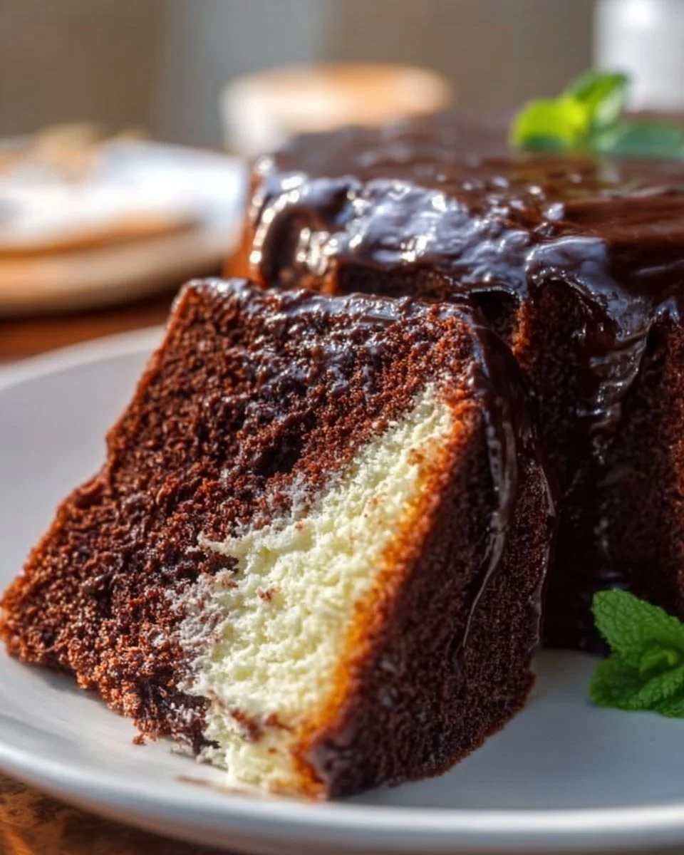 Delicious chocolate cream cheese pound cake slice on a dessert plate