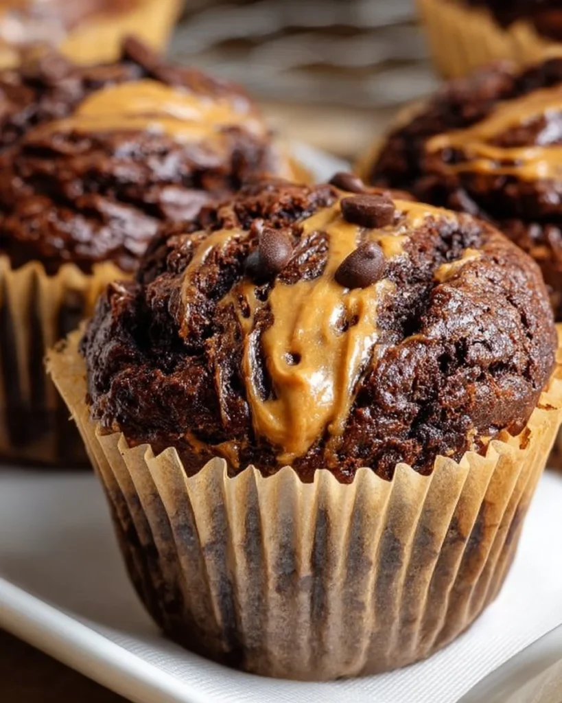 Freshly baked chocolate peanut butter muffins on a plate