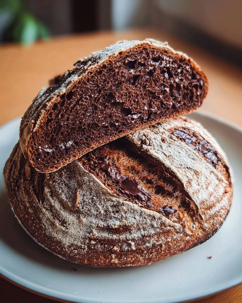 Freshly baked chocolate sourdough bread loaf on a wooden surface.