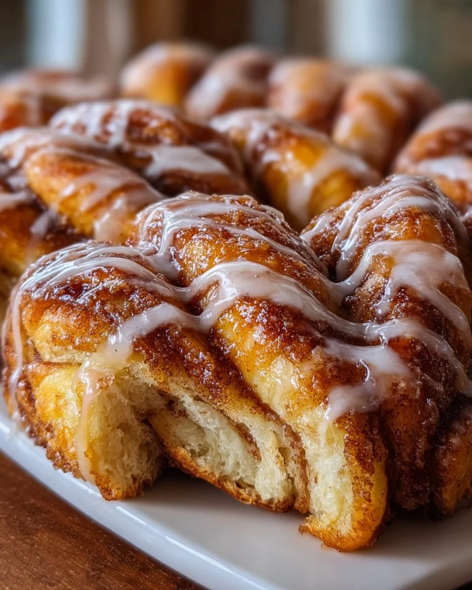 Delicious cinnamon roll bread twists freshly baked and swirled with icing.