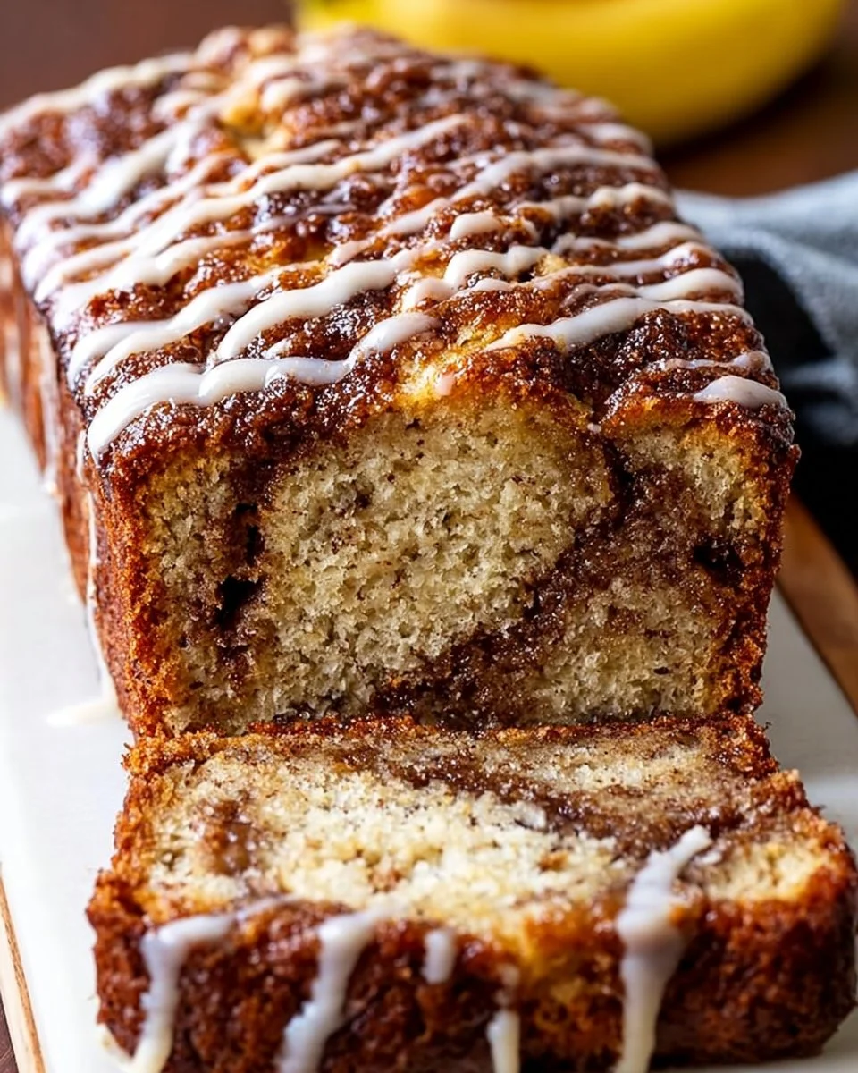 Slice of moist cinnamon swirl banana bread with a golden crust