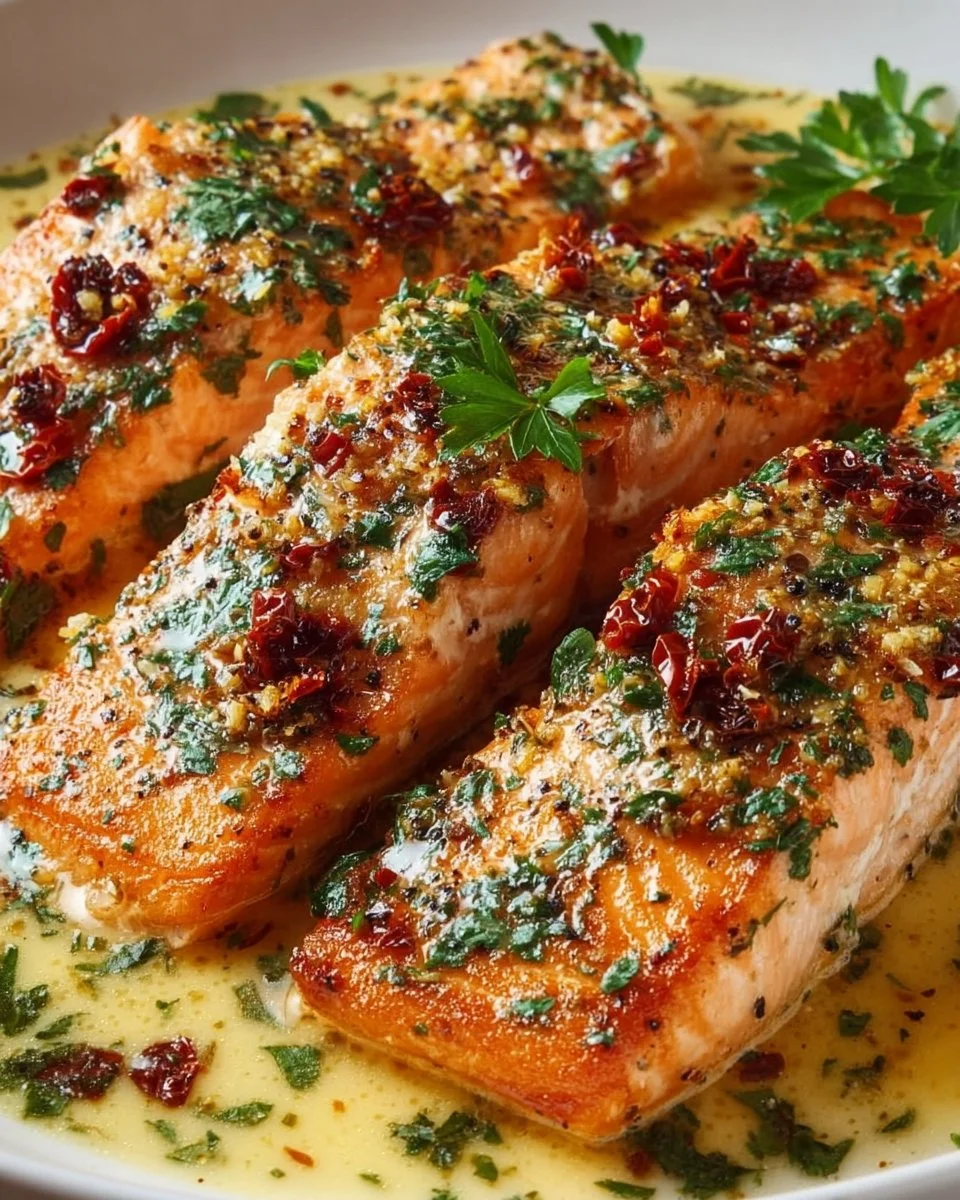 Delicious Classic Marry Me Salmon served on a plate with herbs and lemon.