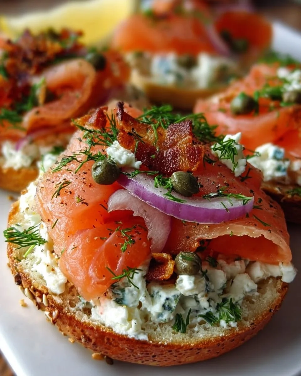 Cottage cheese bagels topped with salmon, a nutritious breakfast option.