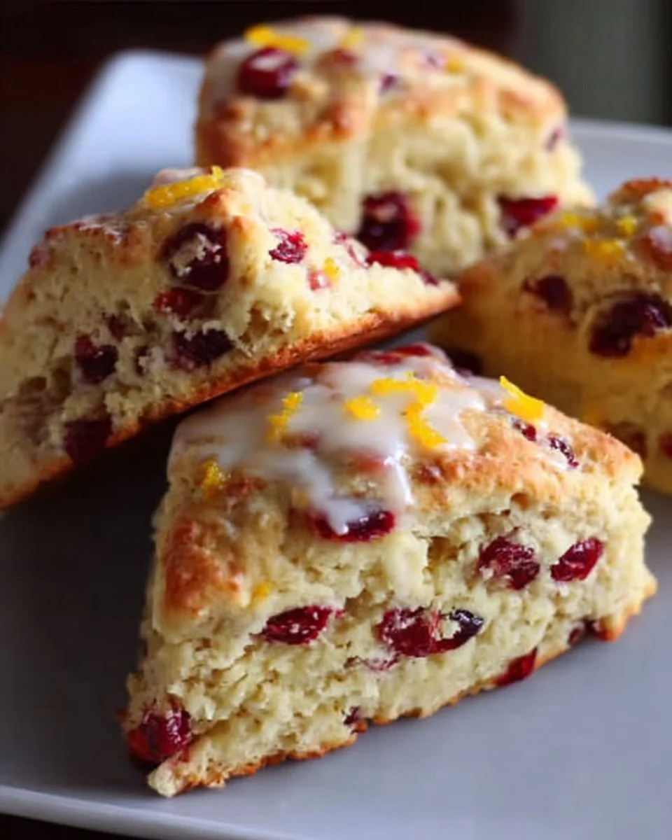 Freshly baked Cranberry Orange Scones with a golden crust and vibrant cranberry slices