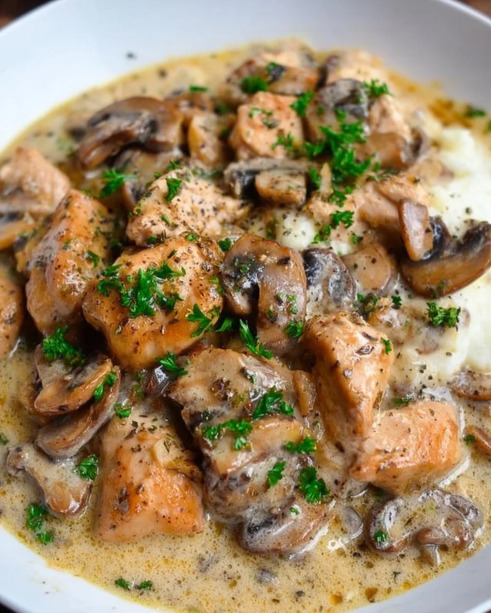 Creamy chicken mushroom soup garnished with parsley in a white bowl