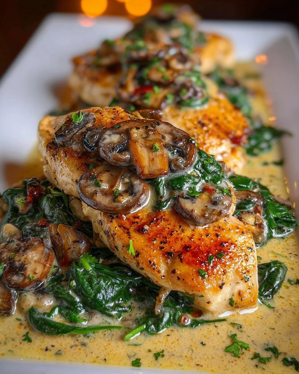 Creamy garlic mushroom chicken dish garnished with spinach