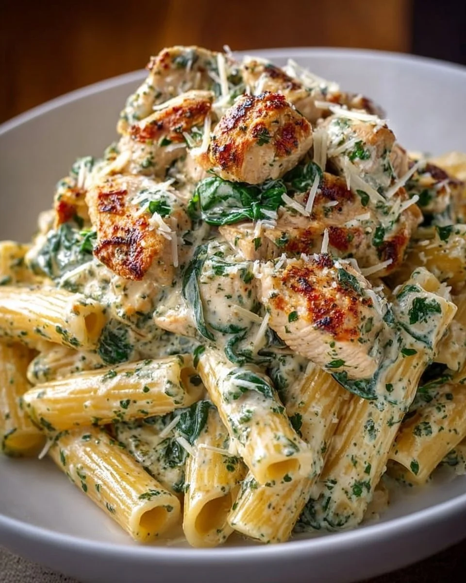 Bowl of creamy pesto chicken pasta with fresh basil and garlic