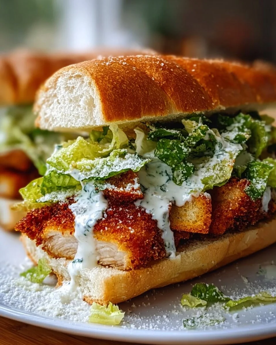 Crispy Chicken Caesar Sandwich topped with romaine lettuce and Caesar dressing