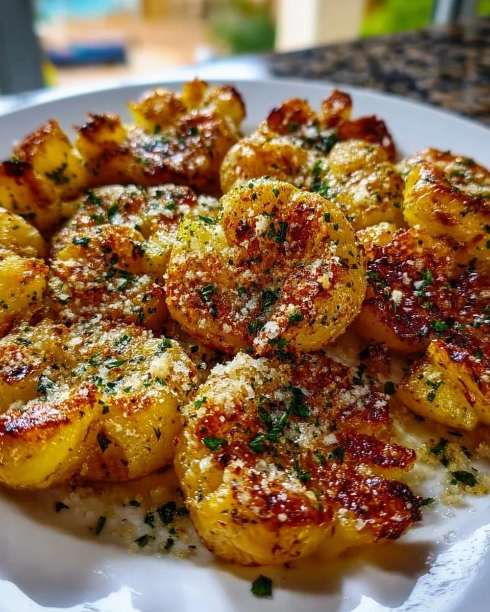 Crispy Garlic Butter Parmesan Smashed Potatoes served on a plate