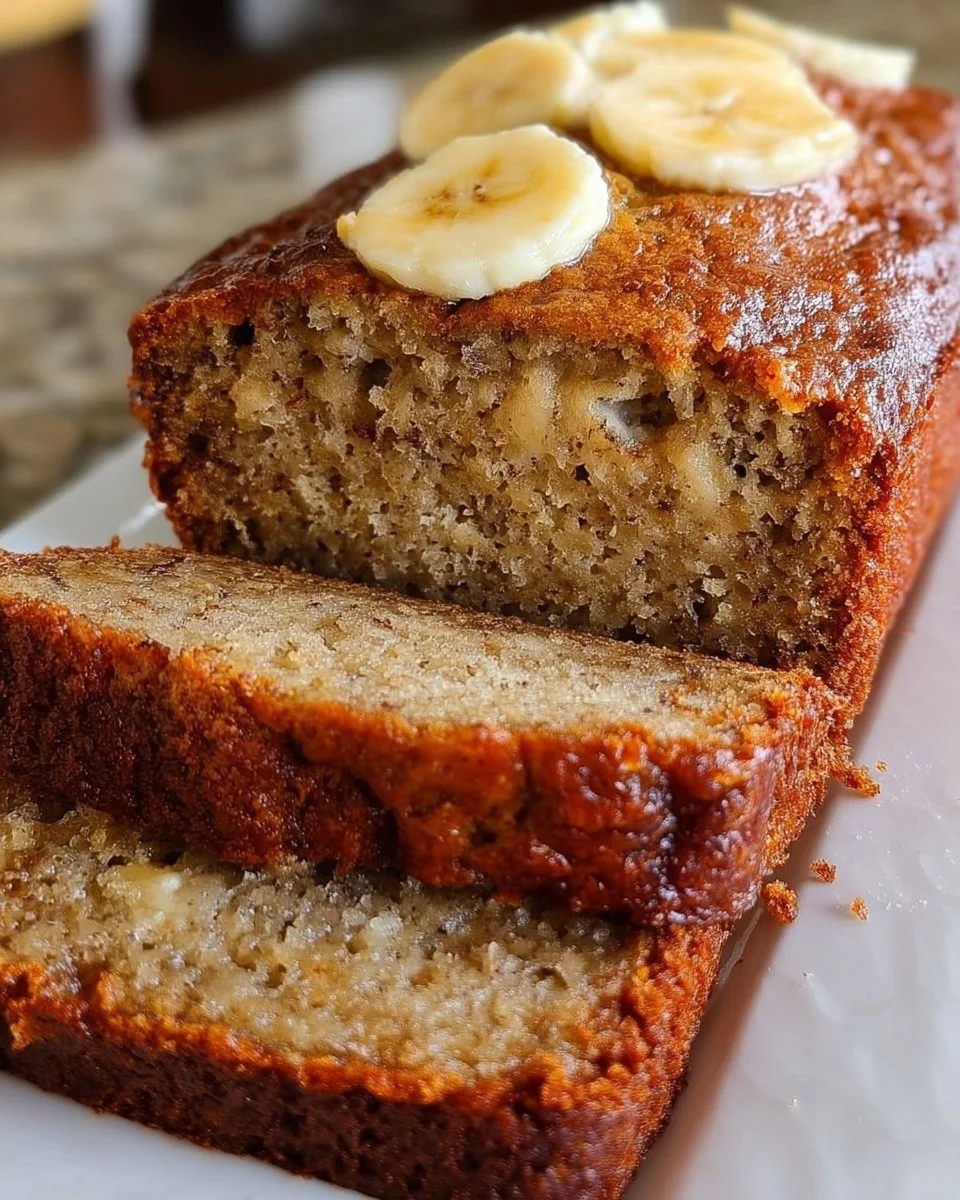 Slice of easy moist banana bread on a wooden table