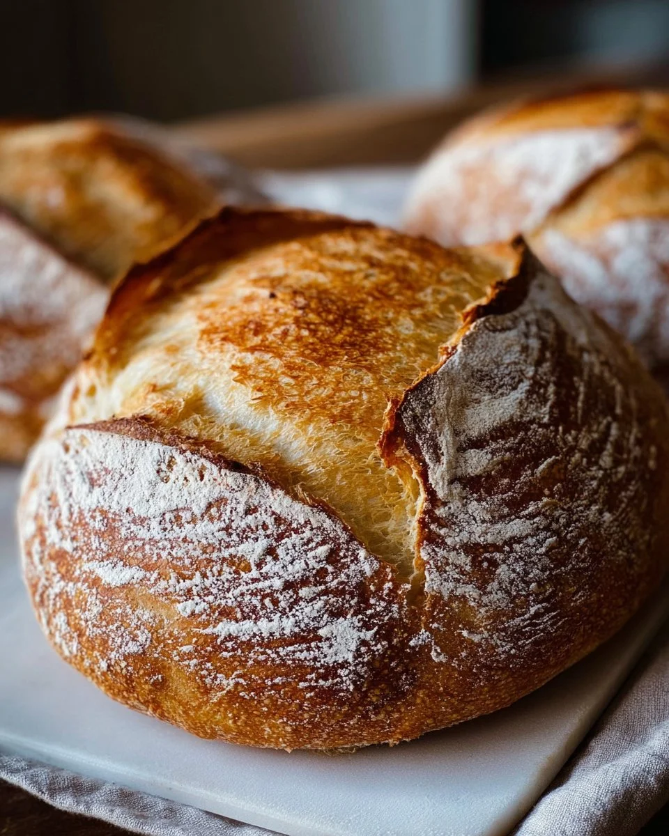 Homemade sourdough boule ready to be served fresh from the oven.