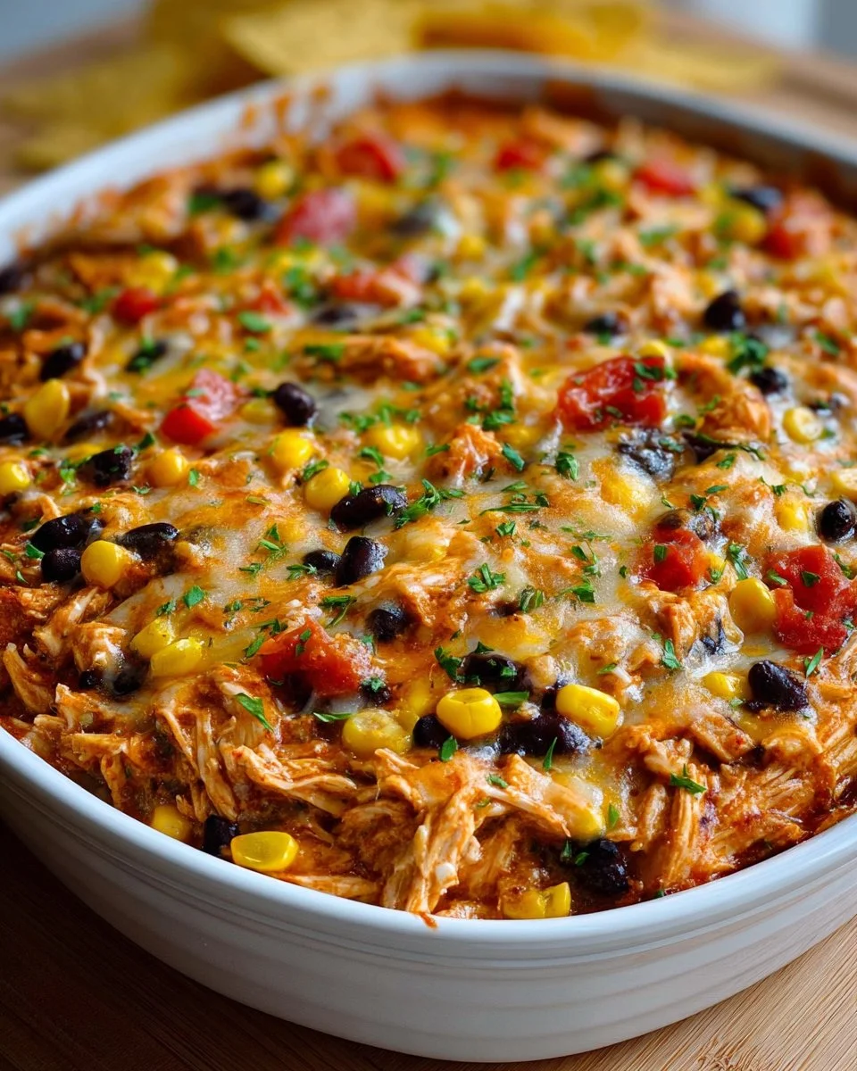Delicious Fiesta Chicken Casserole Bake topped with cheese and spices