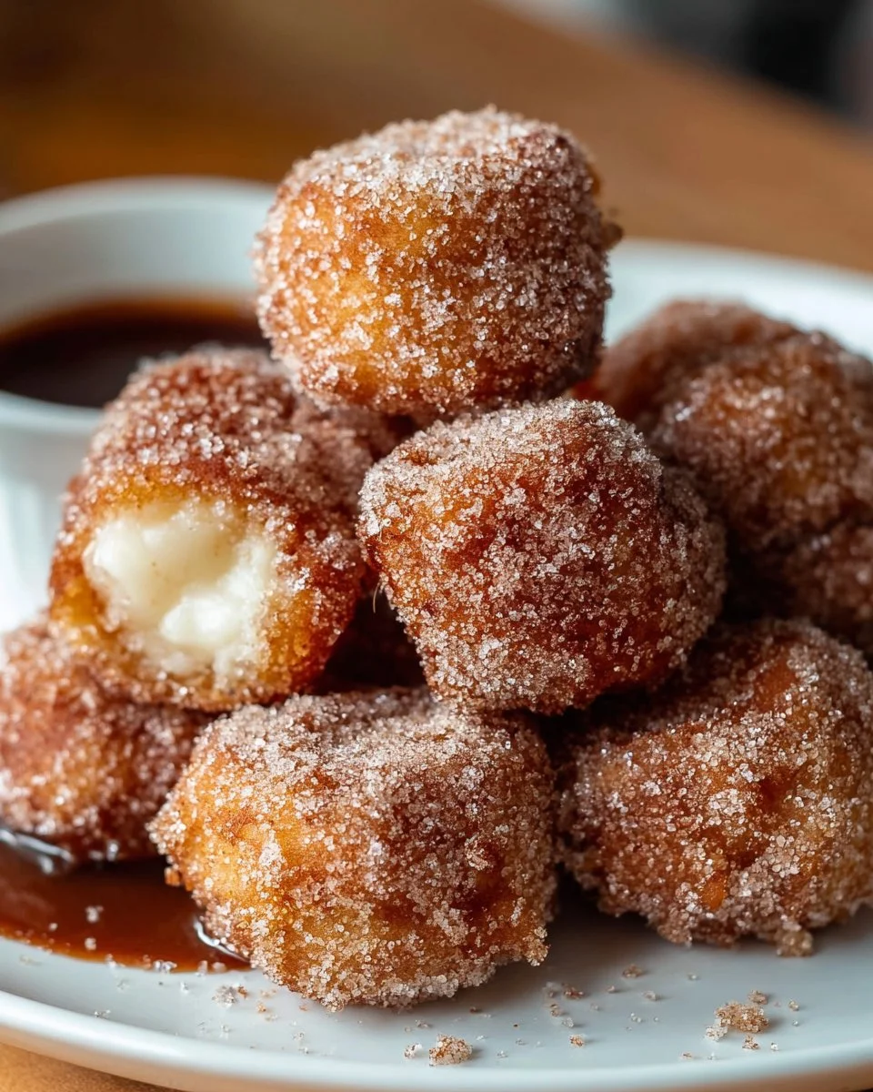 Five of May Churro Bites served on a plate with cinnamon sugar and chocolate sauce