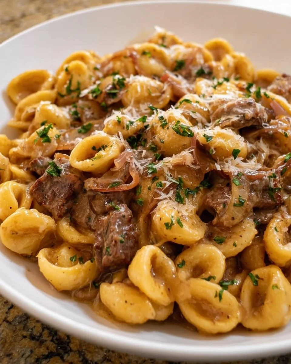 Delicious French onion pasta topped with melted cheese and caramelized onions