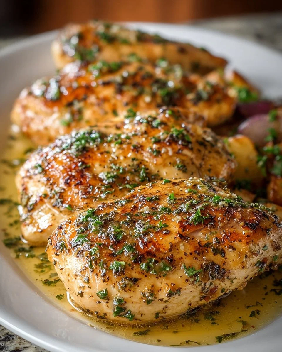 Delicious Garlic Butter Chicken garnished with herbs on a plate