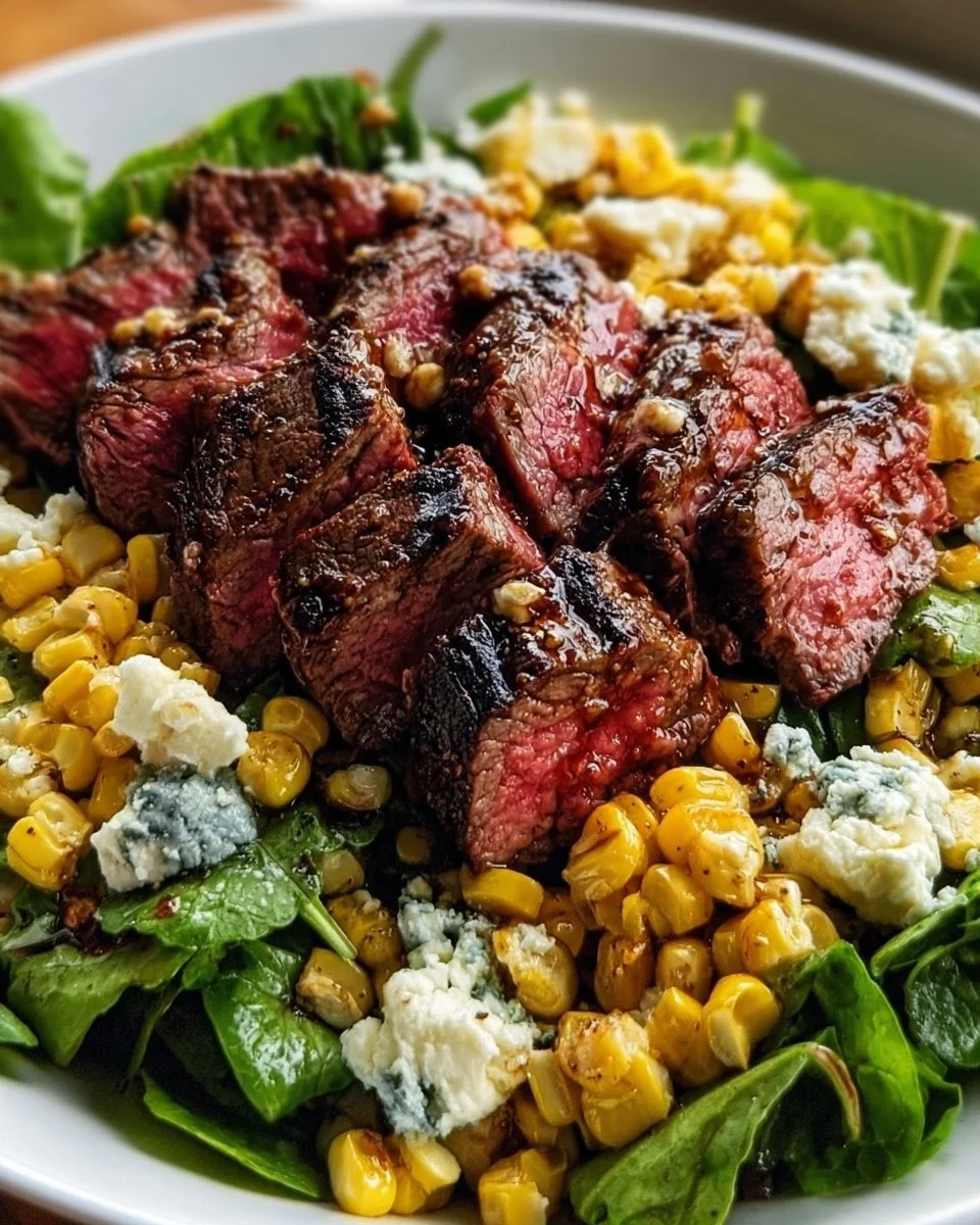 Delicious grilled balsamic steak salad with fresh greens and vegetables