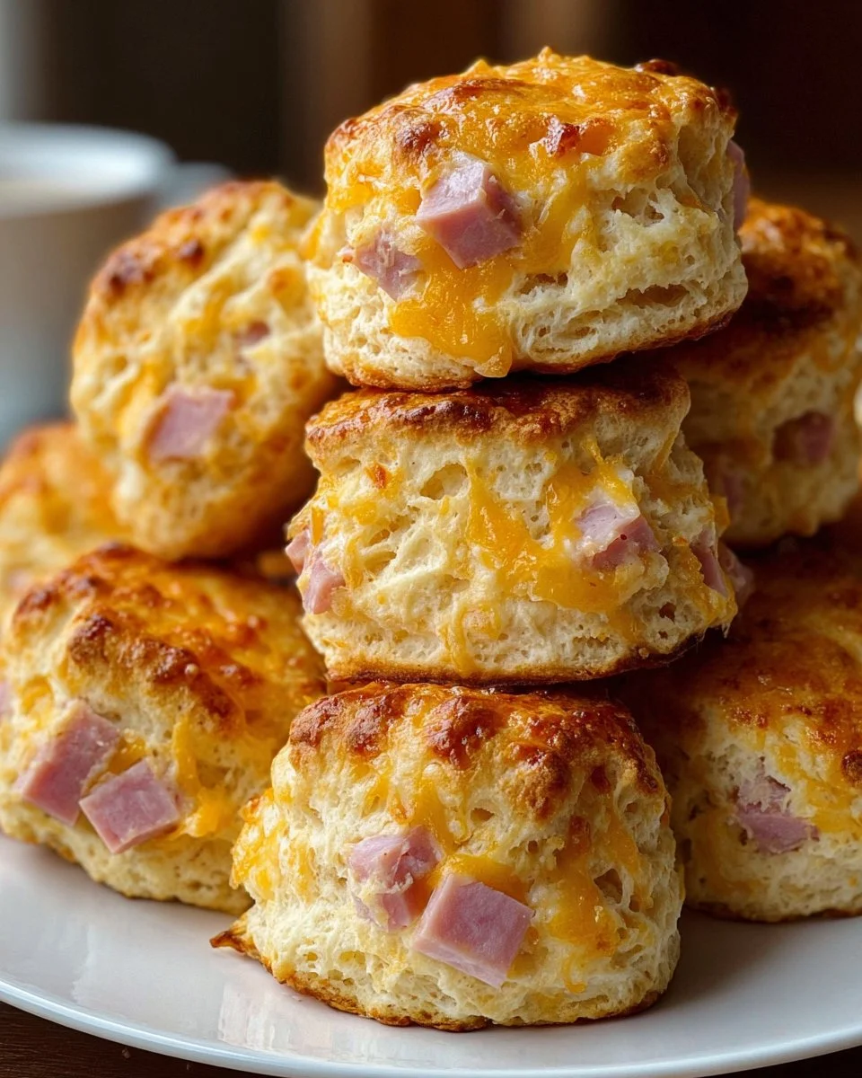 Freshly baked ham and cheese biscuits on a plate