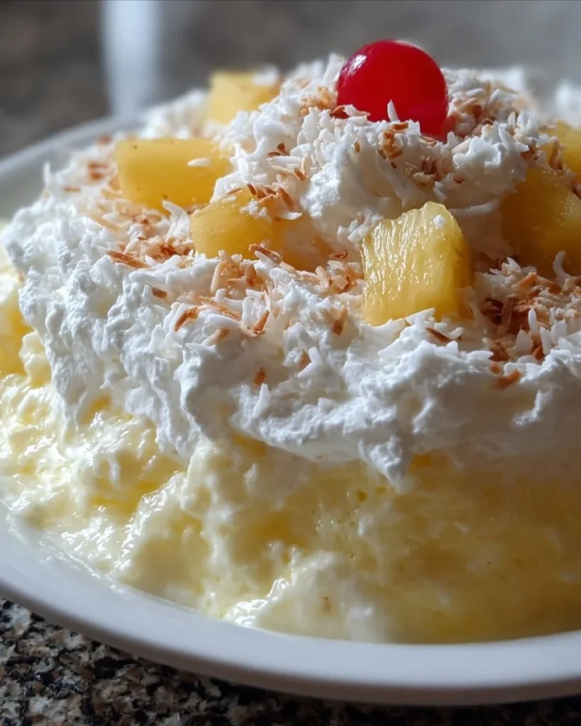 Delicious Hawaiian Pineapple Coconut Fluff dessert served in a bowl